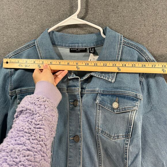 Susan Graver High Stretch Denim Long Jean Jacket Bleached Denim Large Petite - Picture 6 of 11